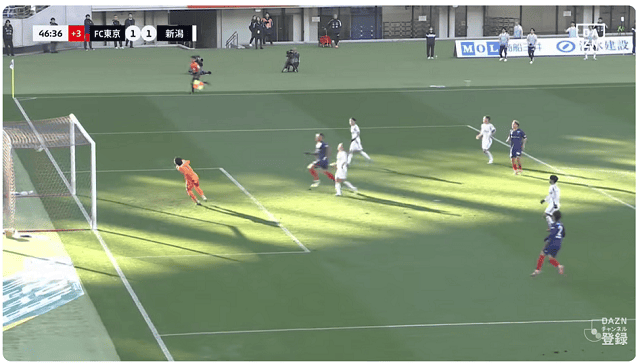 前半47分、1-1 追いつかれる!