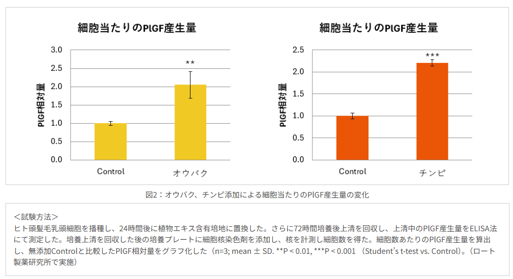 オウバク、チンピ天下による細胞当たりのPIGF産生量の変化